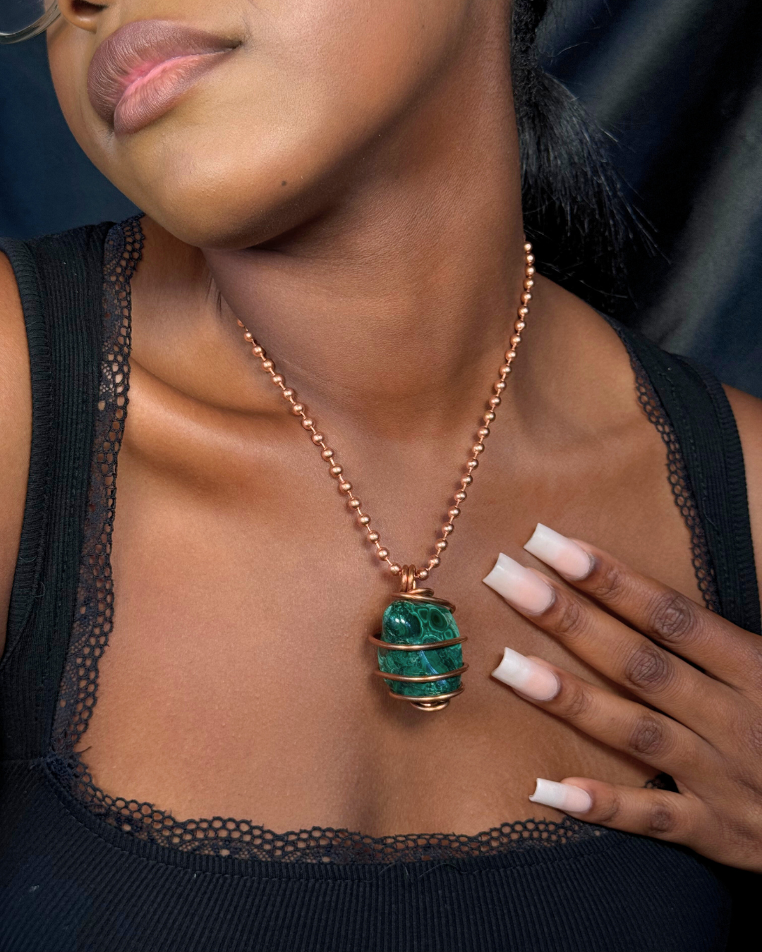 Malachite Copper Wrapped Crystal Chain Necklace