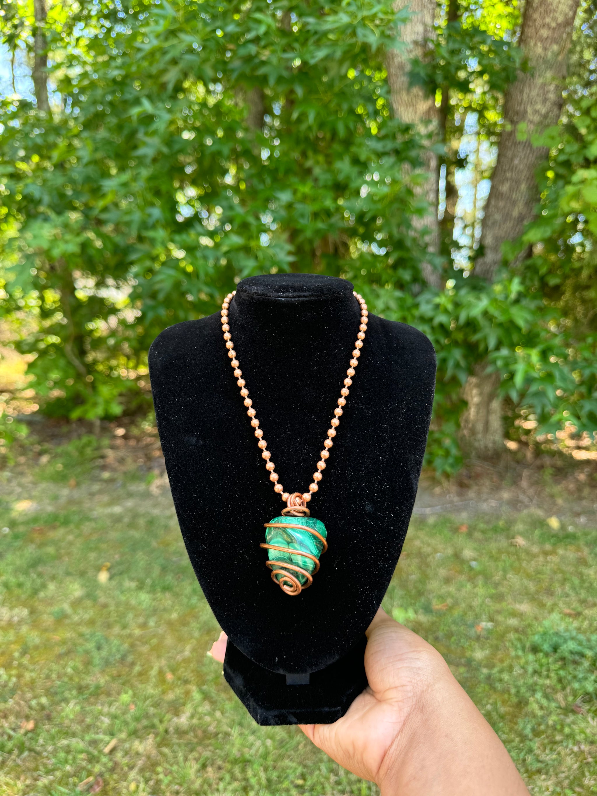 Malachite Copper Wrapped Crystal Chain Necklace