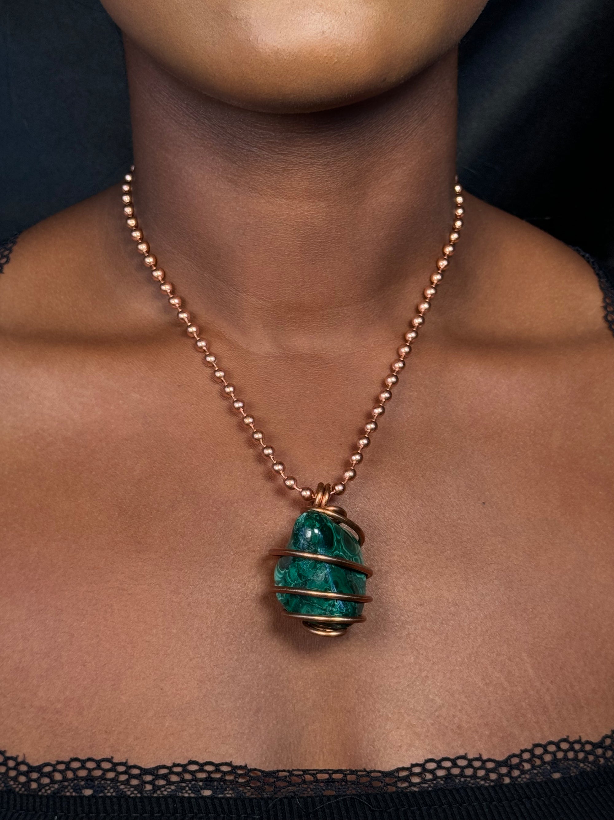 Malachite Copper Wrapped Crystal Chain Necklace