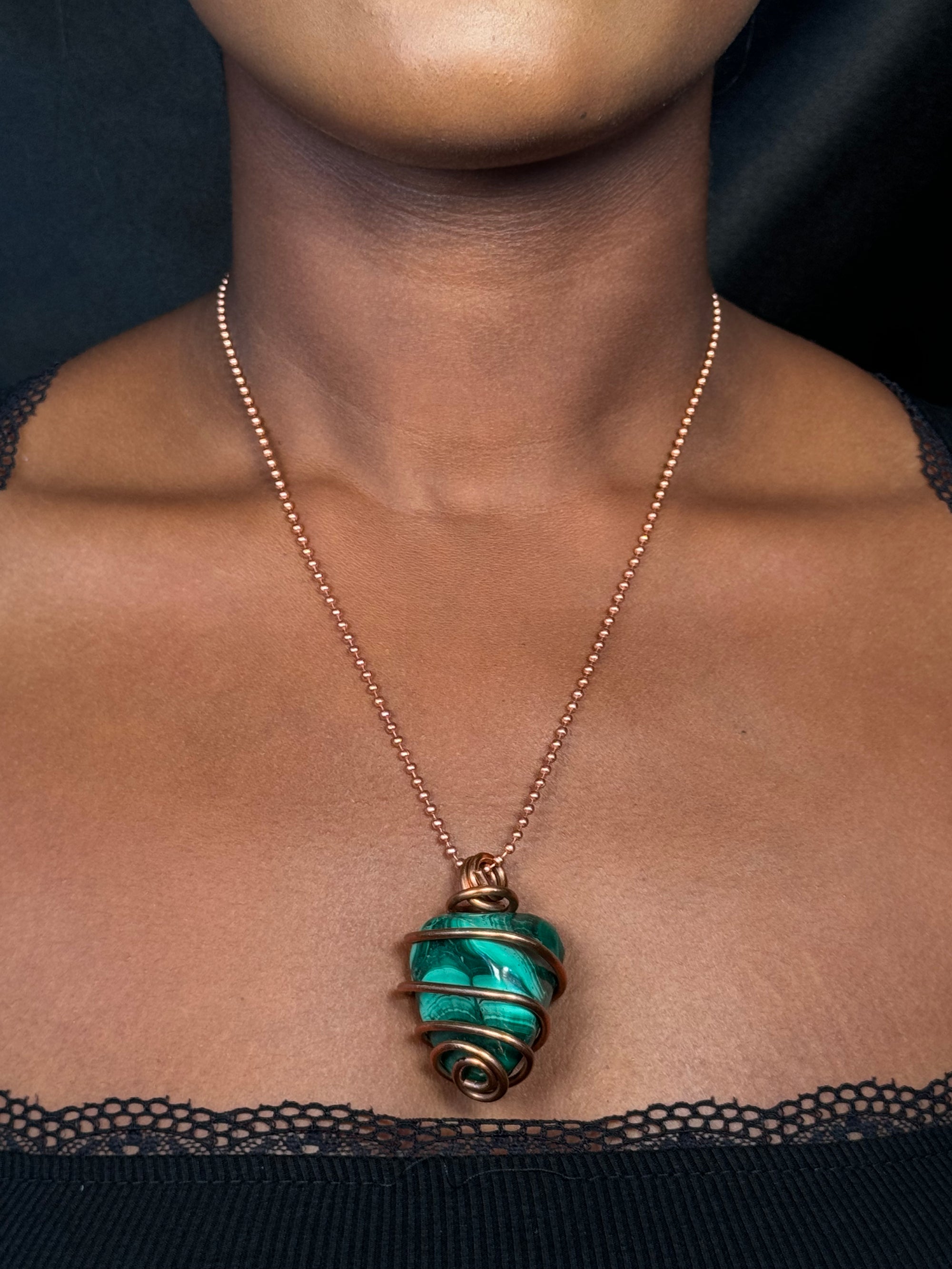 Malachite Copper Wrapped Crystal Chain Necklace