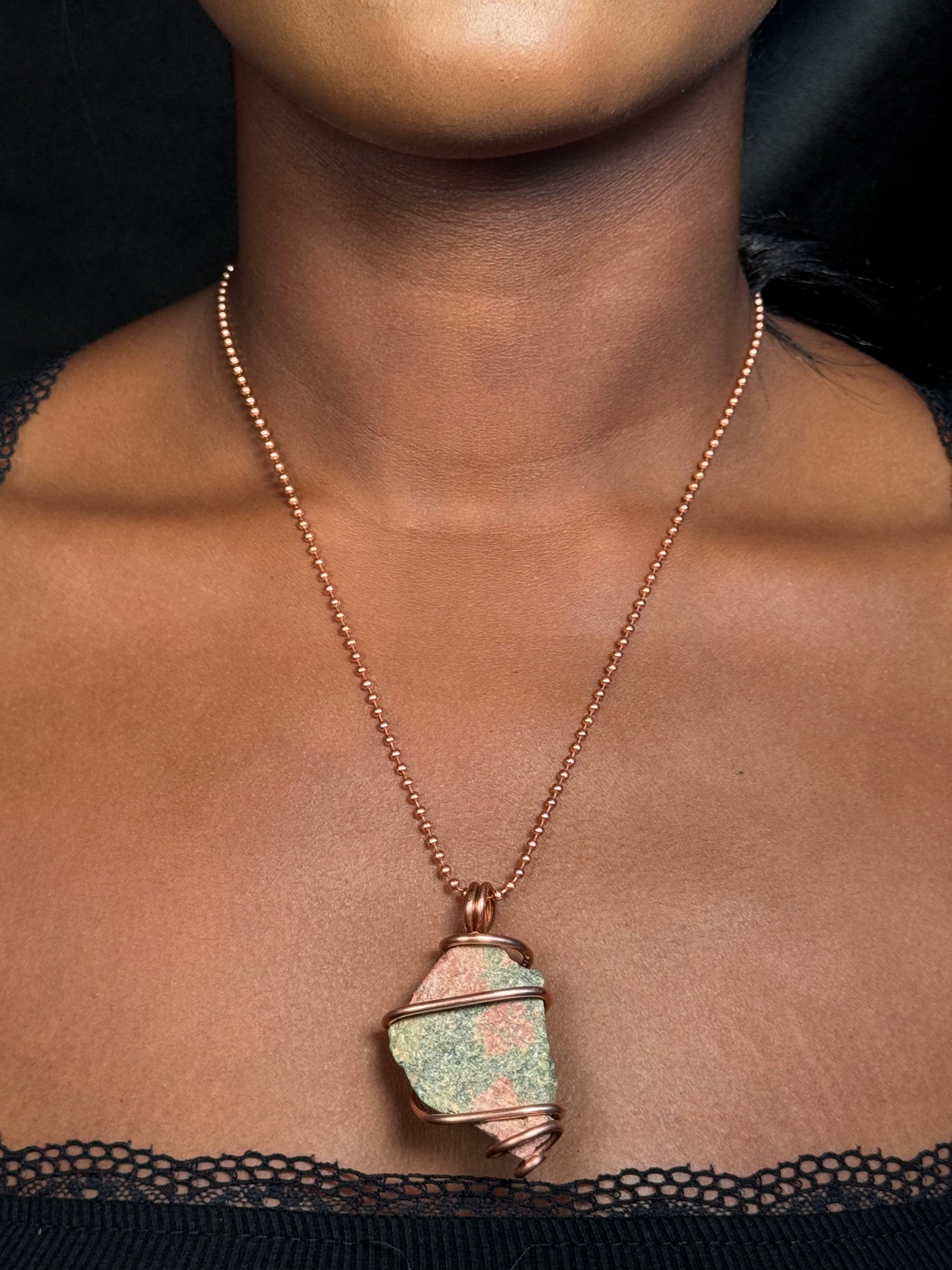 Unakite Copper Wrapped Crystal Chain Necklace