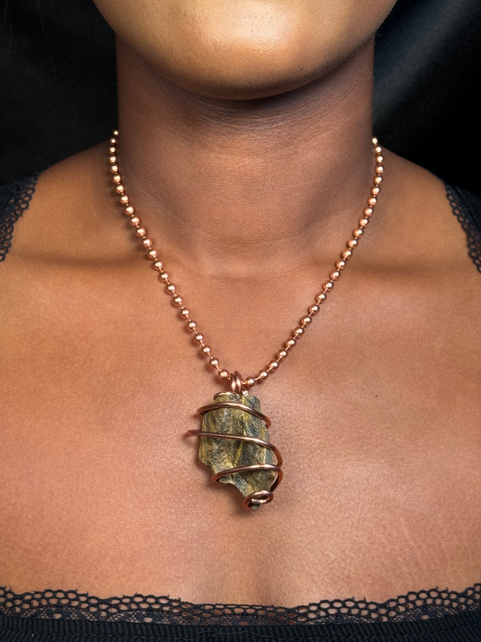 Tiger's Eye Copper Wrapped Crystal Chain Necklace