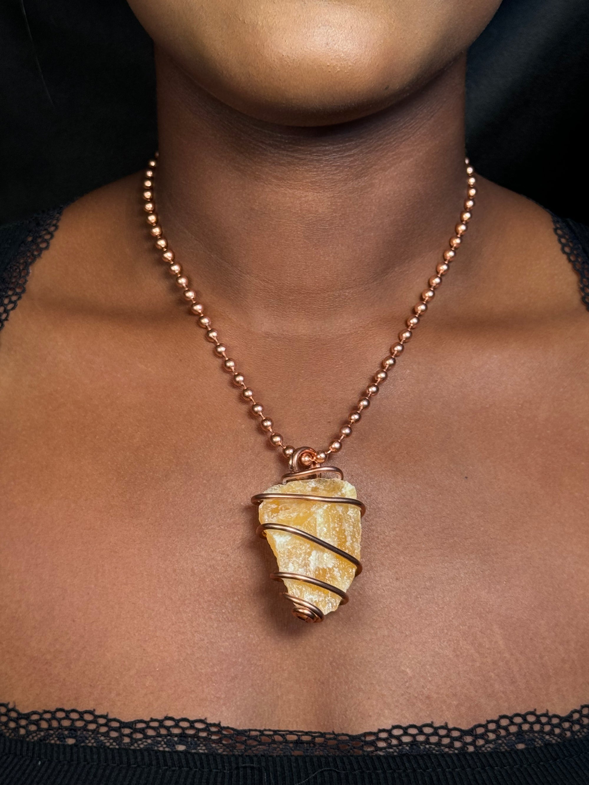 Orange Calcite Copper Wrapped Crystal Chain Necklace