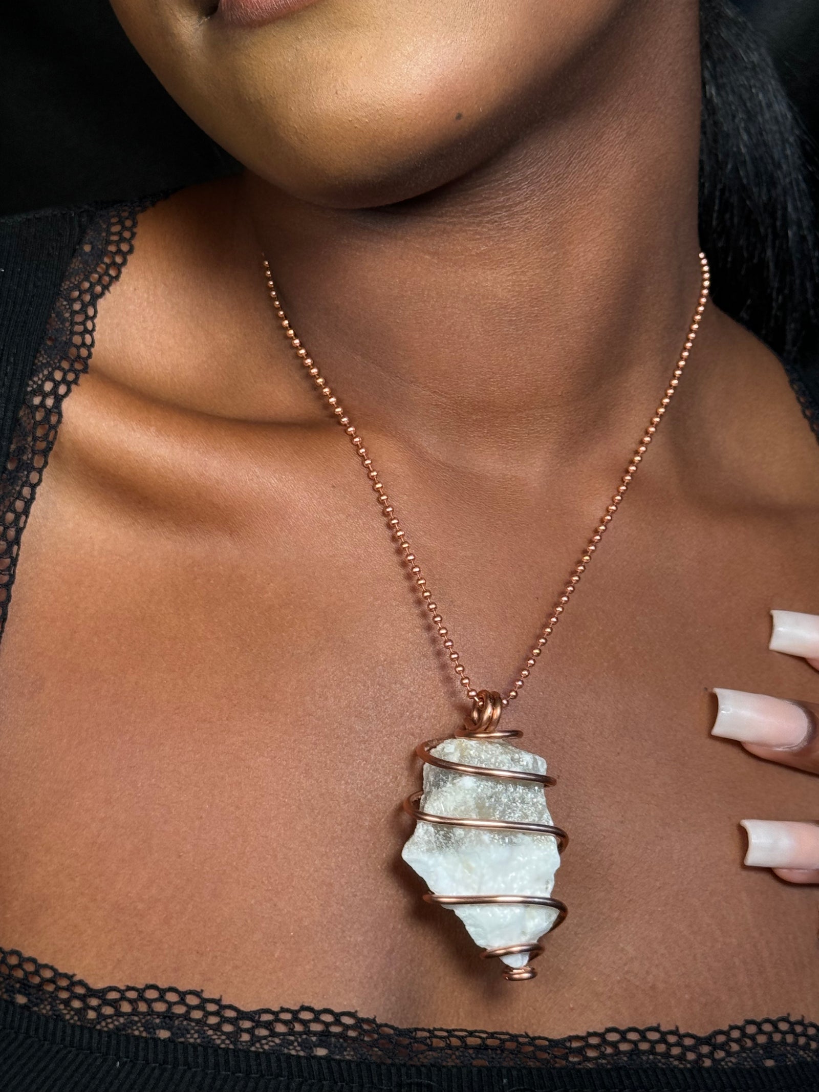 Zebra Calcite Copper Wrapped Crystal Chain Necklace