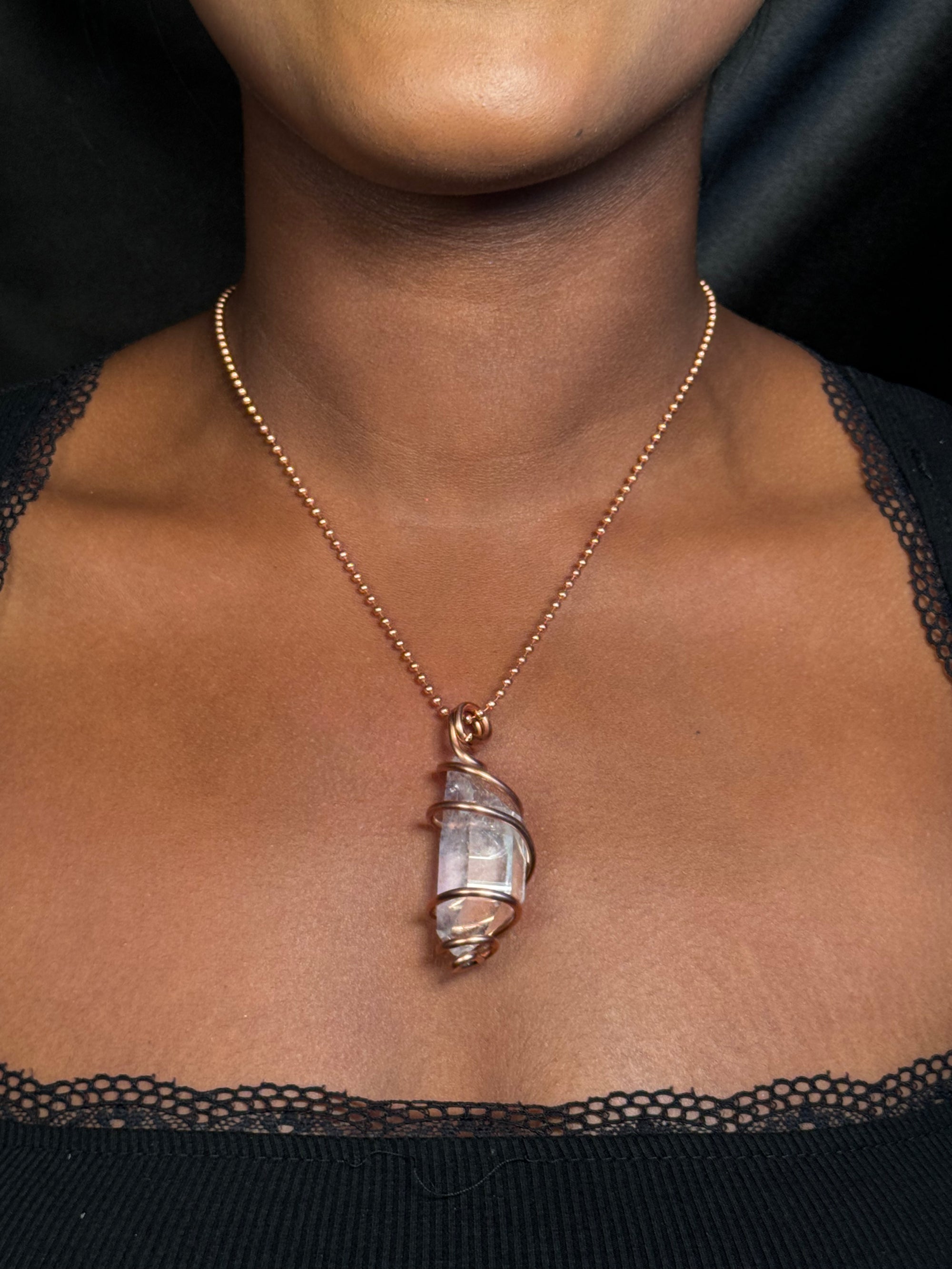 Clear Quartz Point Copper Wrapped Crystal Chain Necklace