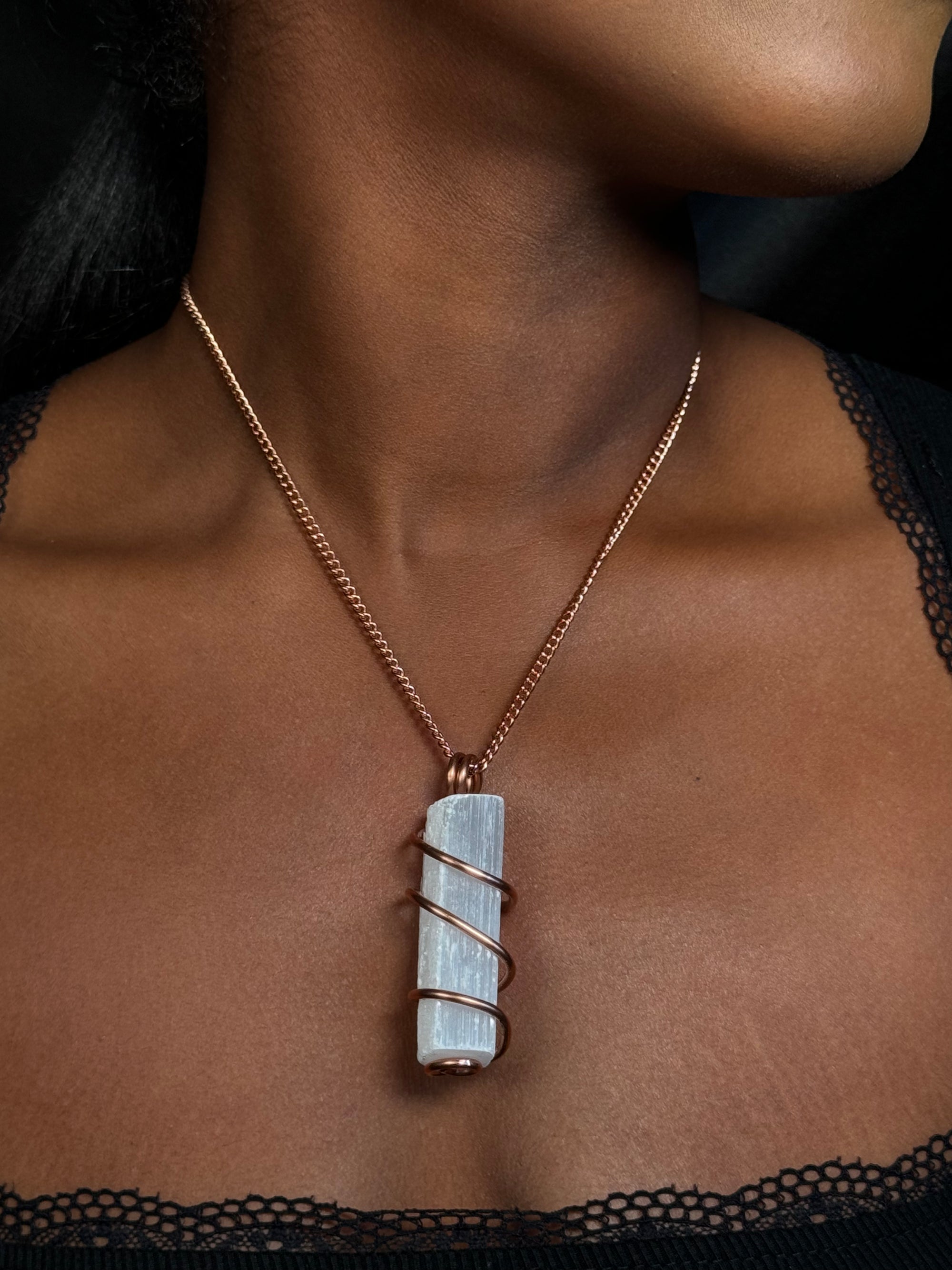 Selenite Wand Copper Wrapped Crystal Chain Necklace